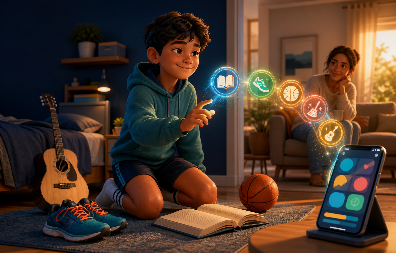A child building healthy habits and earning device freedom with a supportive parent nearby
